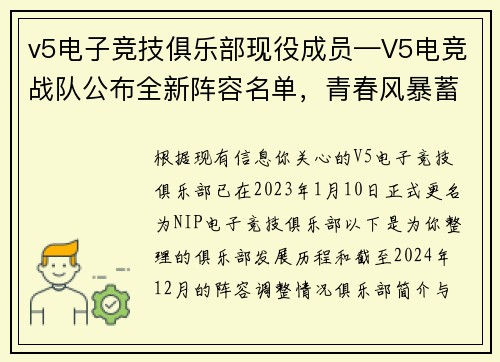 v5电子竞技俱乐部现役成员—V5电竞战队公布全新阵容名单，青春风暴蓄势待发